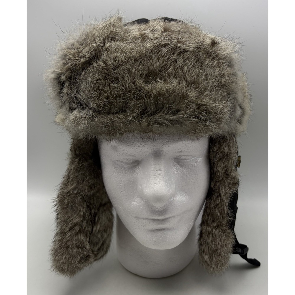 Mad Bomber Hat Trapper Men Medium Black Rabbit Fur Lined Ear Flap Winter Outdoor